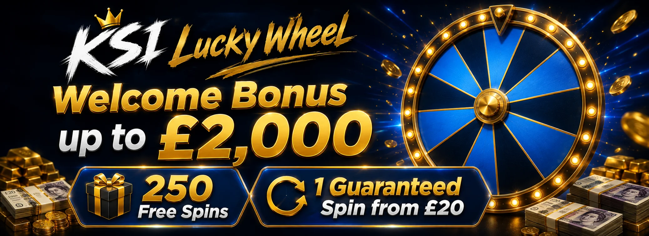 KSI Lucky Wheel welcome package: up to £2,000 in matched funds plus 250 free spins on a first £20 deposit