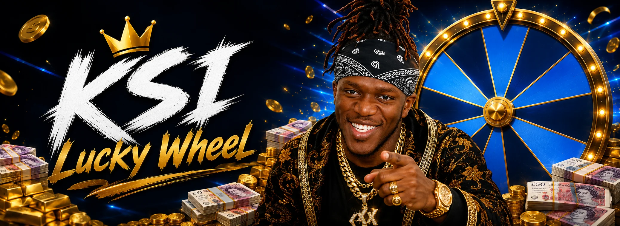 KSI stands beside a glowing blue and gold prize wheel; the panel reads welcome package up to £2,000 and 250 free spins